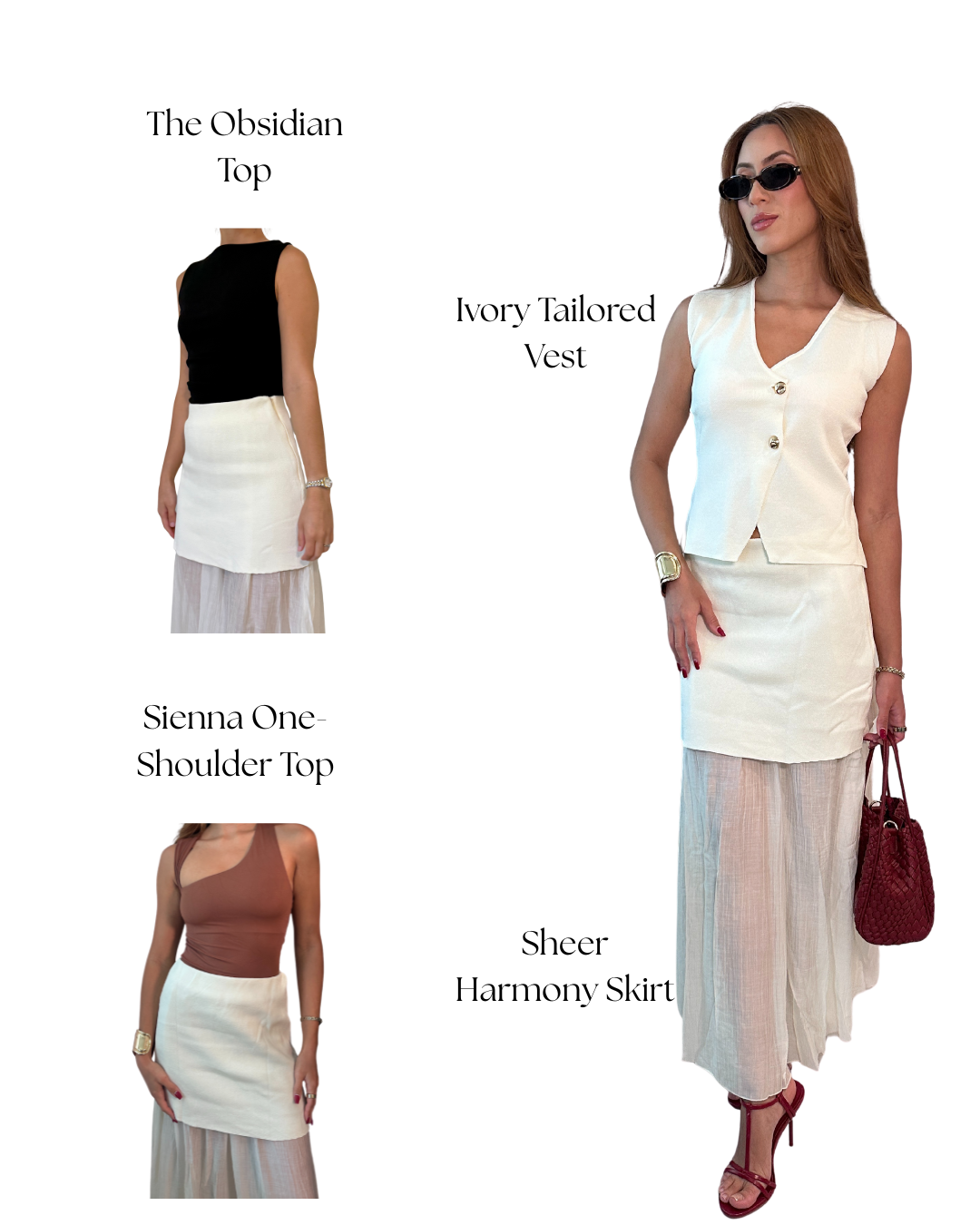 Woman wearing a white outfit with text labels for clothing items on a white background